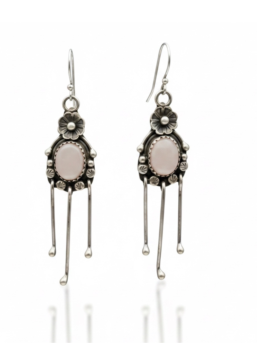 Vintage Navajo Sterling Silver Dangle Earrings Pink Stone Signed E 6.8g